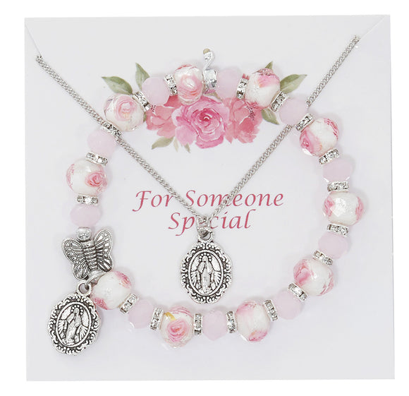 SET - PINK FLOWER BRACELET & MIRACULOUS MENDAL NECKLACE 16