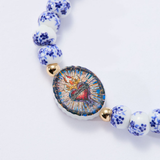 B - HOLY WATER - SACRED HEART - Porcelain Beads: Blue Porcelain (Gold Spacers)